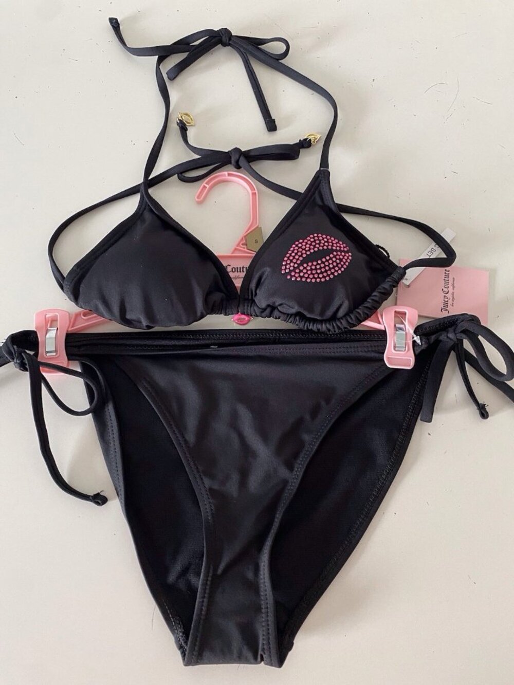 Juicy Couture Lips Triangle Bikini Set Lips Charm Logo In Bottom Size S Black